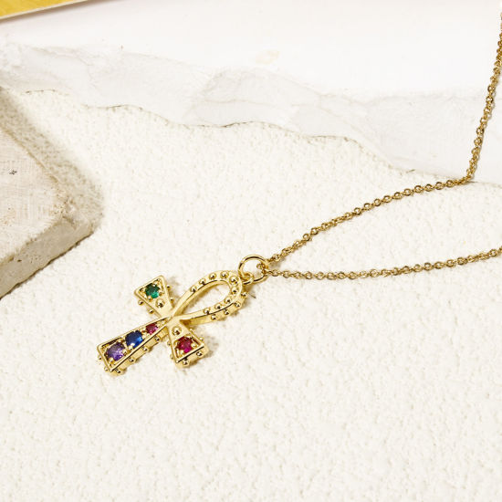 Picture of 1 Piece Brass Religious Charm Pendant 18K Gold Plated Ankh Egyptian Cross Multicolour Cubic Zirconia 3.2cm x 2cm