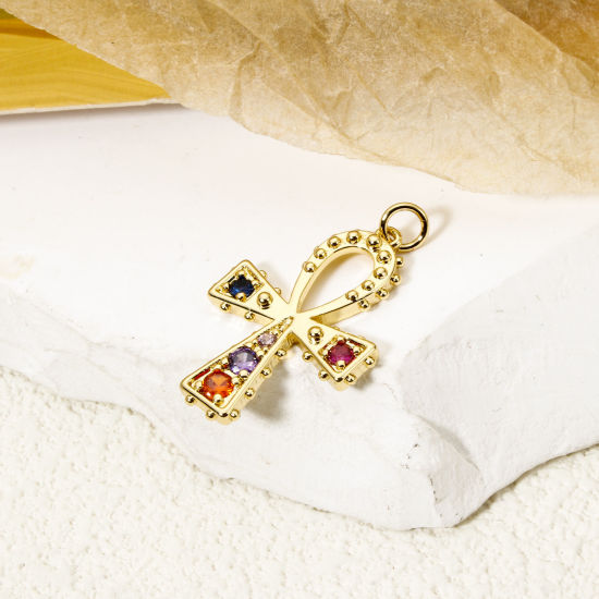 Picture of 1 Piece Brass Religious Charm Pendant 18K Gold Plated Ankh Egyptian Cross Multicolour Cubic Zirconia 3.2cm x 2cm