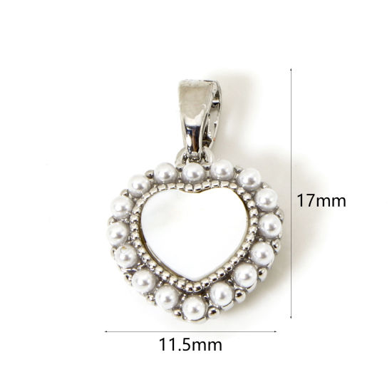 Picture of 2 PCs Natural Shell & Brass Valentine's Day Charm Pendant Platinum Plated Heart Acrylic Imitation Pearl 17mm x 11.5mm