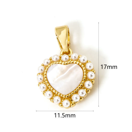 Image de 2 Pcs Pendentif Breloque La Saint Valentin en Coquille Naturelle & Laiton Plaqué Or Véritable 18K Cœur Perle Imitation Acrylique 17mm x 11.5mm