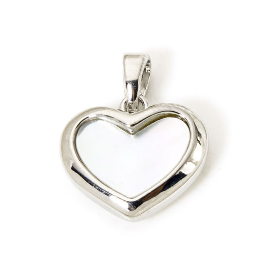 Picture of 2 PCs Natural Shell & Brass Valentine's Day Charm Pendant Real Platinum Plated Heart 17mm x 14mm