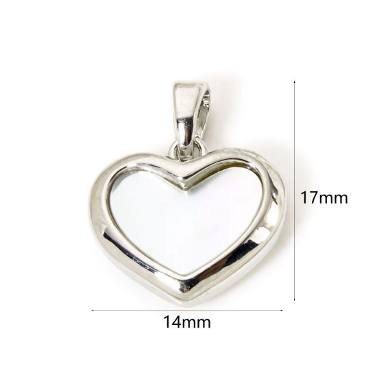 Picture of 2 PCs Natural Shell & Brass Valentine's Day Charm Pendant Real Platinum Plated Heart 17mm x 14mm