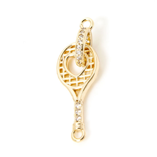 Imagen de 1 Unidad Respetuoso del Medio Ambiente Latón Deporte Conectores Dijes Colgantes Raqueta 18K Oro Real Chapado Micro Pave Claro Circón Artificial 26mm x 8.5mm
