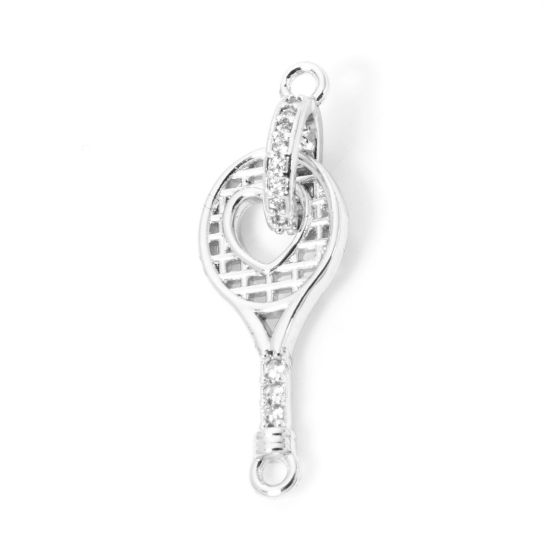 Imagen de 1 Unidad Respetuoso del Medio Ambiente Latón Deporte Conectores Dijes Colgantes Raqueta Platino Real Chapado Micro Pave Claro Circón Artificial 26mm x 8.5mm