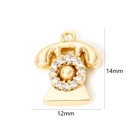 Bild von 2 PCs Eco-friendly Brass Micro Pave Charms 18K Real Gold Plated Telephone Clear Cubic Zirconia 14mm x 12mm