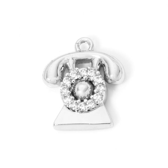 Bild von 2 PCs Eco-friendly Brass Micro Pave Charms Real Platinum Plated Telephone Clear Cubic Zirconia 14mm x 12mm