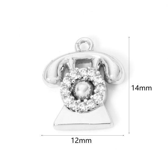 Bild von 2 PCs Eco-friendly Brass Micro Pave Charms Real Platinum Plated Telephone Clear Cubic Zirconia 14mm x 12mm