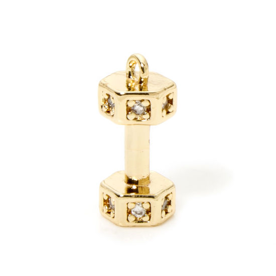 Picture of 2 PCs Eco-friendly Brass Fitness Charms 18K Real Gold Plated Dumbbell 3D Clear Cubic Zirconia 14mm x 6mm