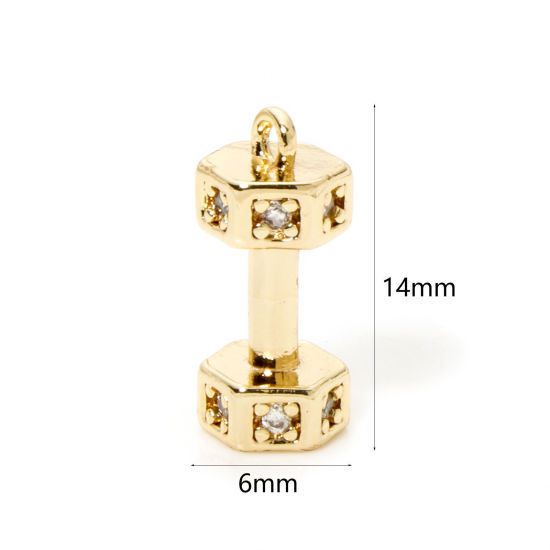 Picture of 2 PCs Eco-friendly Brass Fitness Charms 18K Real Gold Plated Dumbbell 3D Clear Cubic Zirconia 14mm x 6mm