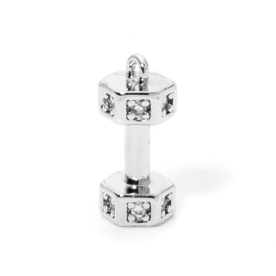 Picture of 2 PCs Eco-friendly Brass Fitness Charms Real Platinum Plated Dumbbell 3D Clear Cubic Zirconia 14mm x 6mm