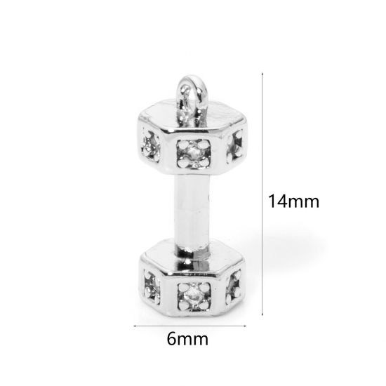 Picture of 2 PCs Eco-friendly Brass Fitness Charms Real Platinum Plated Dumbbell 3D Clear Cubic Zirconia 14mm x 6mm