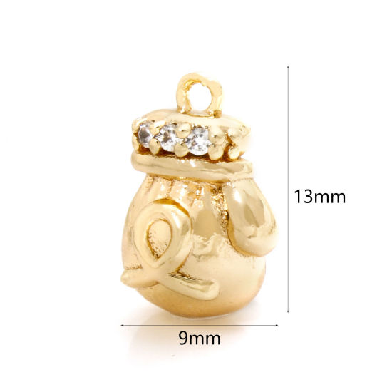 Picture of 2 PCs Eco-friendly Brass Fitness Charms 18K Real Gold Plated Glove Ribbon 3D Clear Cubic Zirconia 13mm x 9mm