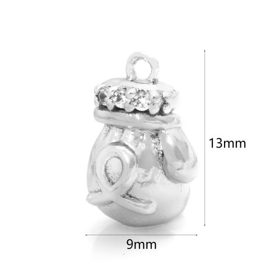 Picture of 2 PCs Eco-friendly Brass Fitness Charms Real Platinum Plated Glove Ribbon 3D Clear Cubic Zirconia 13mm x 9mm