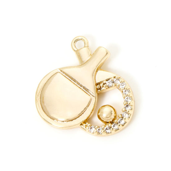 Imagen de 1 Unidad Respetuoso del Medio Ambiente Latón Deporte Colgantes Raqueta 18K Oro Real Chapado ping-pong Micro Pave Claro Circón Artificial 15.5mm x 15mm