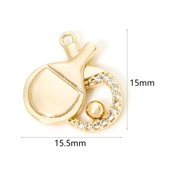 Imagen de 1 Unidad Respetuoso del Medio Ambiente Latón Deporte Colgantes Raqueta 18K Oro Real Chapado ping-pong Micro Pave Claro Circón Artificial 15.5mm x 15mm