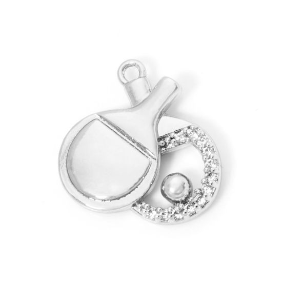 Imagen de 1 Unidad Respetuoso del Medio Ambiente Latón Deporte Colgantes Raqueta Platino Real Chapado ping-pong Micro Pave Claro Circón Artificial 15.5mm x 15mm