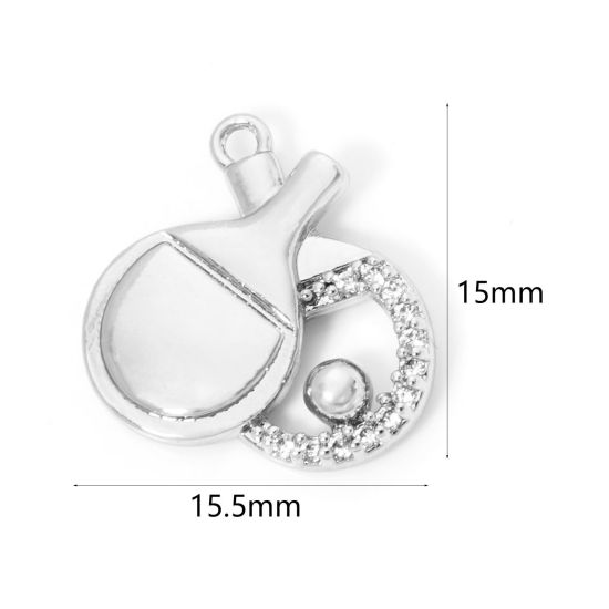 Imagen de 1 Unidad Respetuoso del Medio Ambiente Latón Deporte Colgantes Raqueta Platino Real Chapado ping-pong Micro Pave Claro Circón Artificial 15.5mm x 15mm
