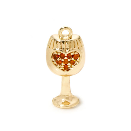 Picture of 2 PCs Eco-friendly Brass Charms 18K Real Gold Plated Wine Glass Heart 3D Orange Cubic Zirconia 18mm x 8mm