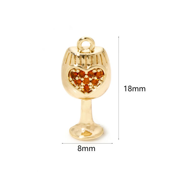 Picture of 2 PCs Eco-friendly Brass Charms 18K Real Gold Plated Wine Glass Heart 3D Orange Cubic Zirconia 18mm x 8mm