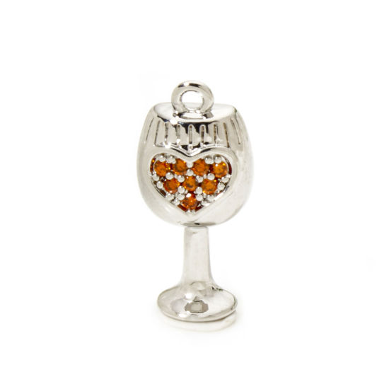 Picture of 2 PCs Eco-friendly Brass Charms Real Platinum Plated Wine Glass Heart 3D Orange Cubic Zirconia 18mm x 8mm