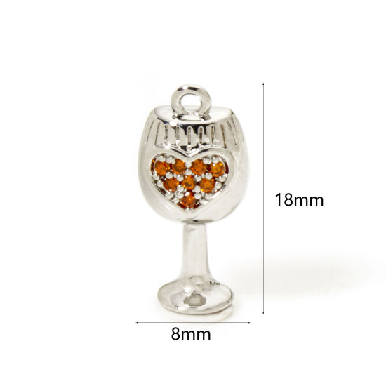 Picture of 2 PCs Eco-friendly Brass Charms Real Platinum Plated Wine Glass Heart 3D Orange Cubic Zirconia 18mm x 8mm