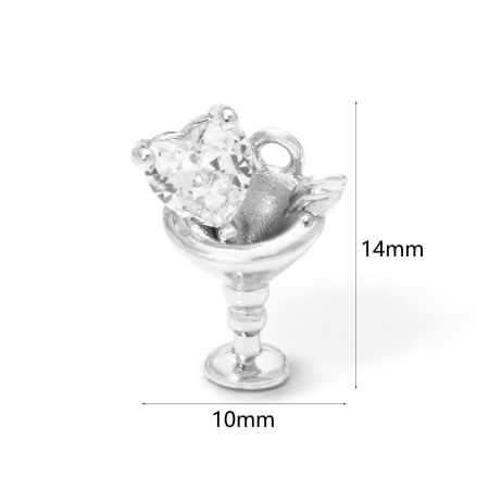 Bild von 2 Stück Umweltfreundlich Messing Charms Echt Platin plattiert Weinglas Herz 3D Transparent Strass 14mm x 10mm