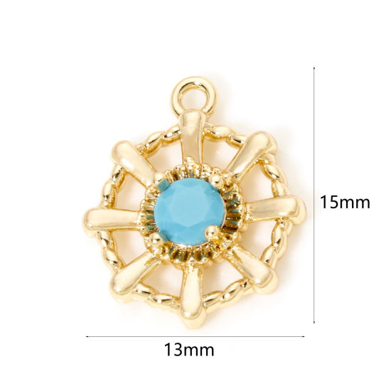 Picture of 2 PCs Eco-friendly Brass Charms 18K Real Gold Plated Rudder Hollow Blue Cubic Zirconia 15mm x 13mm