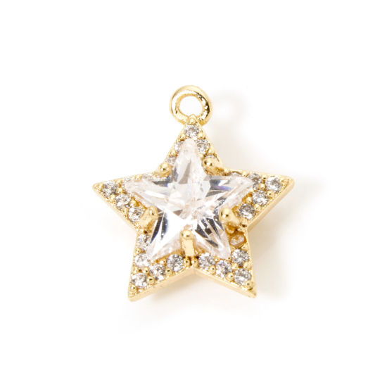 Picture of 1 Piece Eco-friendly Brass Geometric Charms 18K Real Gold Plated Pentagram Star Micro Pave Clear Cubic Zirconia Clear Rhinestone 13mm x 12mm