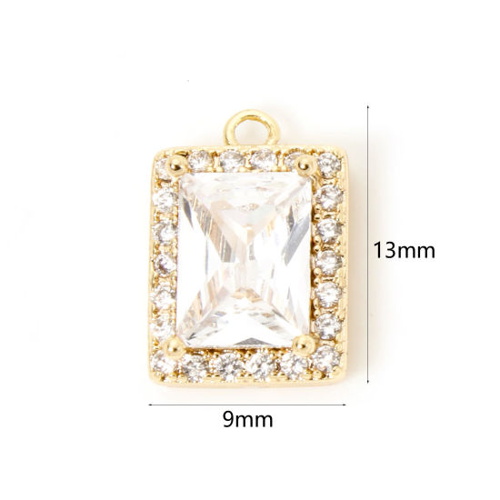 Picture of 1 Piece Eco-friendly Brass Geometric Charms 18K Real Gold Plated Rectangle Micro Pave Clear Cubic Zirconia Clear Rhinestone 13mm x 9mm