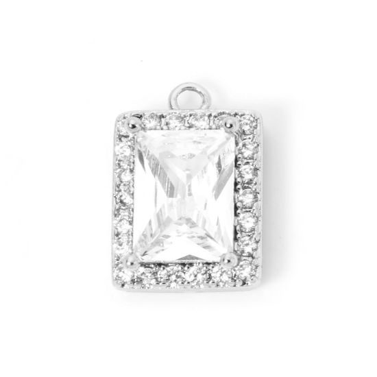 Picture of 1 Piece Eco-friendly Brass Geometric Charms Real Platinum Plated Rectangle Micro Pave Clear Cubic Zirconia Clear Rhinestone 13mm x 9mm