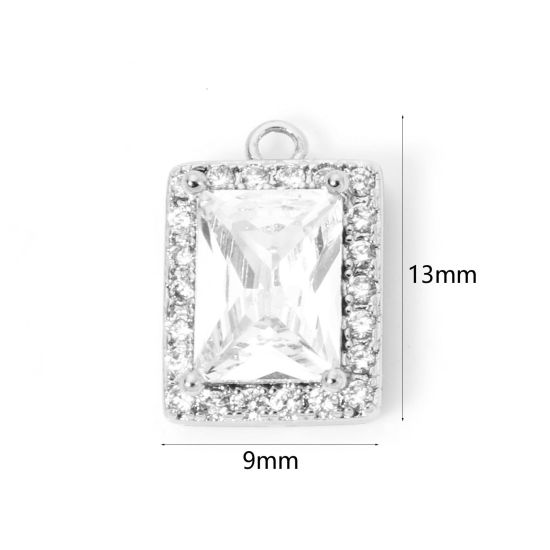 Picture of 1 Piece Eco-friendly Brass Geometric Charms Real Platinum Plated Rectangle Micro Pave Clear Cubic Zirconia Clear Rhinestone 13mm x 9mm