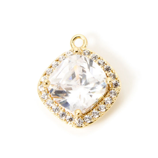 Picture of 1 Piece Eco-friendly Brass Geometric Charms 18K Real Gold Plated Rhombus Micro Pave Clear Cubic Zirconia Clear Rhinestone 14.5mm x 12mm