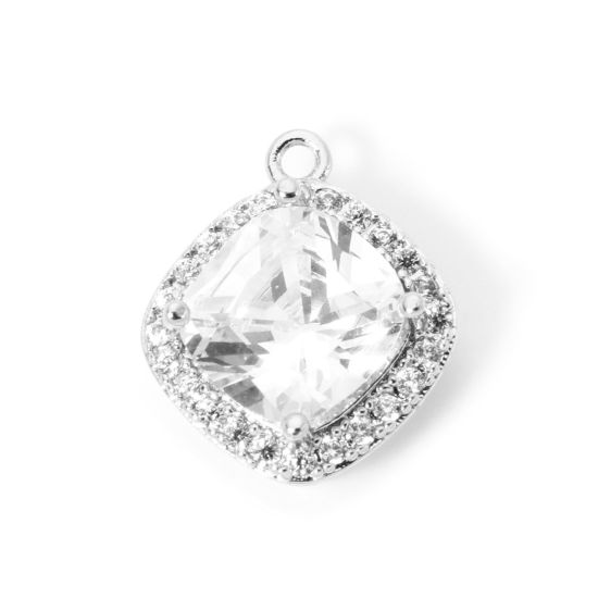 Picture of 1 Piece Eco-friendly Brass Geometric Charms Real Platinum Plated Rhombus Micro Pave Clear Cubic Zirconia Clear Rhinestone 14.5mm x 12mm
