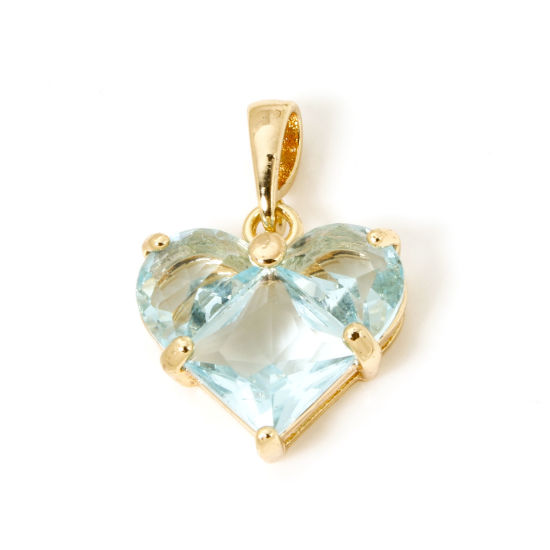 Bild von 1 Stück Umweltfreundlich Messing Valentinstag Charm-Anhänger 18K Echtgold plattiert Herz Saphir Strass 21mm x 14mm