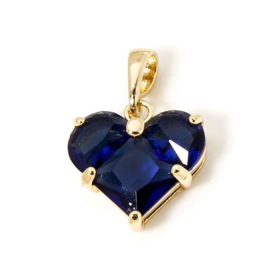 Bild von 1 Stück Umweltfreundlich Messing Valentinstag Charm-Anhänger 18K Echtgold plattiert Herz Dunkelblau Strass 21mm x 14mm
