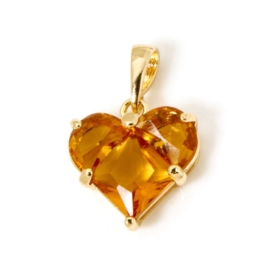 Bild von 1 Stück Umweltfreundlich Messing Valentinstag Charm-Anhänger 18K Echtgold plattiert Herz Orange Strass 21mm x 14mm