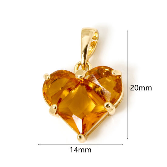 Bild von 1 Stück Umweltfreundlich Messing Valentinstag Charm-Anhänger 18K Echtgold plattiert Herz Orange Strass 21mm x 14mm