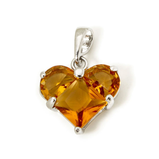 Bild von 1 Stück Umweltfreundlich Messing Valentinstag Charm-Anhänger Echt Platin plattiert Herz Orange Strass 21mm x 14mm