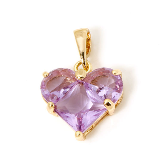 Bild von 1 Stück Umweltfreundlich Messing Valentinstag Charm-Anhänger 18K Echtgold plattiert Herz Amethyst Strass 21mm x 14mm
