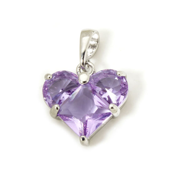Bild von 1 Stück Umweltfreundlich Messing Valentinstag Charm-Anhänger Echt Platin plattiert Herz Amethyst Strass 21mm x 14mm