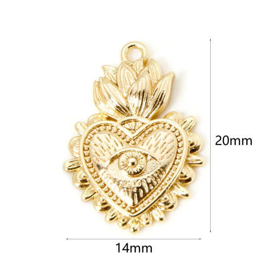 Bild von 2 Stück Umweltfreundlich Messing Religiös Charms 18K Echtgold plattiert Ex Voto Herz Auge der Vorsehung/ Allsehendes Auge 20mm x 14mm