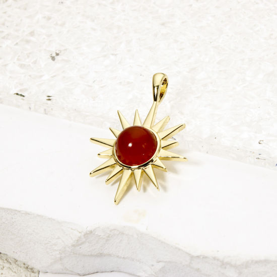 Picture of 1 Piece Brass Galaxy Charm Pendant 18K Gold Plated Sun With Resin Cabochons 29mm x 21mm