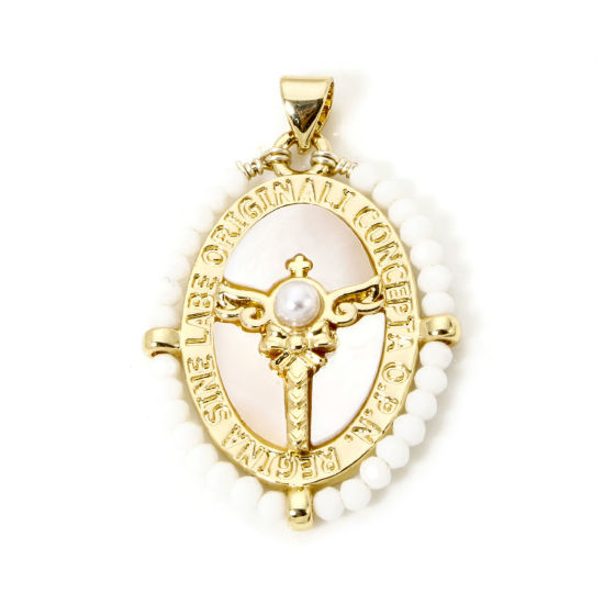 Bild von 1 Piece Natural Shell & Brass Religious Pendants 18K Gold Plated White Oval Wing Imitation Pearl 3.6cm x 2.4cm