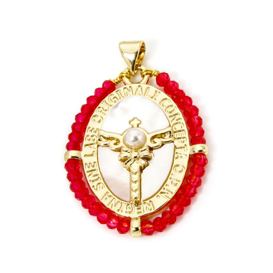 Bild von 1 Piece Natural Shell & Brass Religious Pendants 18K Gold Plated Red Oval Wing Imitation Pearl 3.6cm x 2.4cm