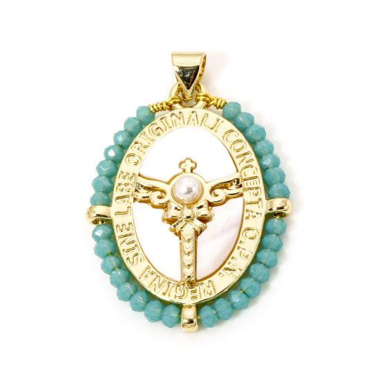 Bild von 1 Piece Natural Shell & Brass Religious Pendants 18K Gold Plated Green Blue Oval Wing Imitation Pearl 3.6cm x 2.4cm