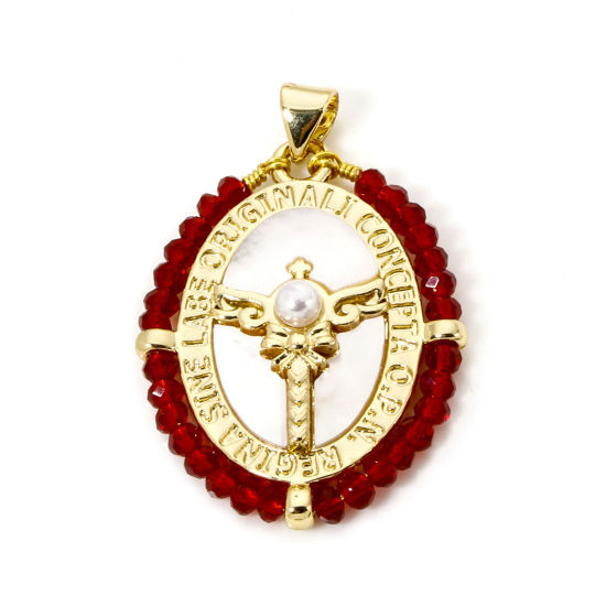 Bild von 1 Piece Natural Shell & Brass Religious Pendants 18K Gold Plated Wine Red Oval Wing Imitation Pearl 3.6cm x 2.4cm