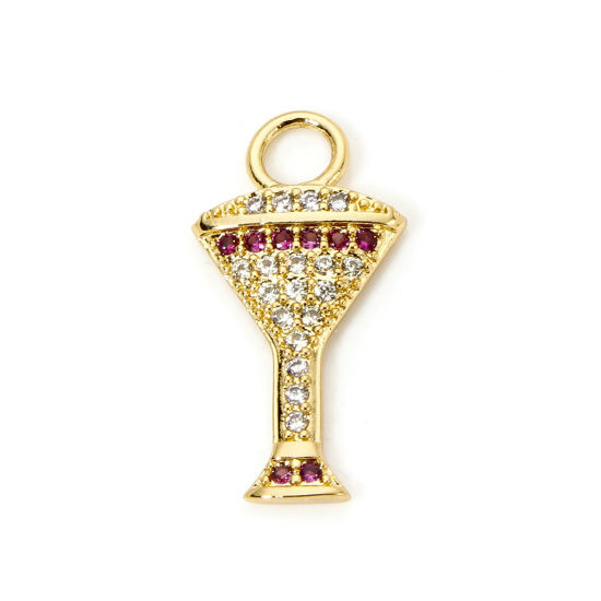 Picture of 2 PCs Brass Micro Pave Charms 18K Real Gold Plated Wine Glass Clear & Red Cubic Zirconia 21mm x 11mm