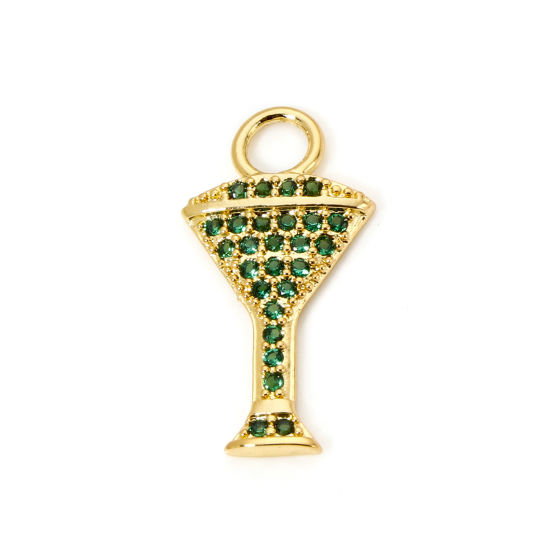 Picture of 2 PCs Brass Micro Pave Charms 18K Real Gold Plated Wine Glass Green Cubic Zirconia 21mm x 11mm