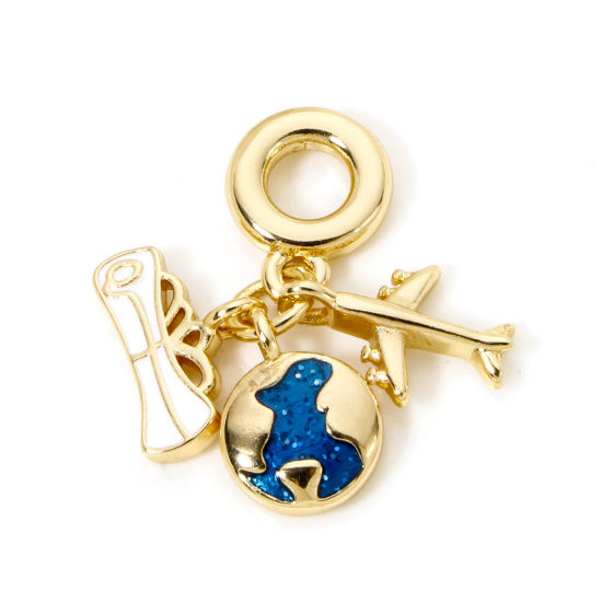 Image de 1 Pièce Perles de Charme Pendantes pour la Fabrication de Bijoux de Bracelet et de Collier Voyage en Laiton Planète Terre Plaqué Or Véritable 18K Avion Émail 28mm