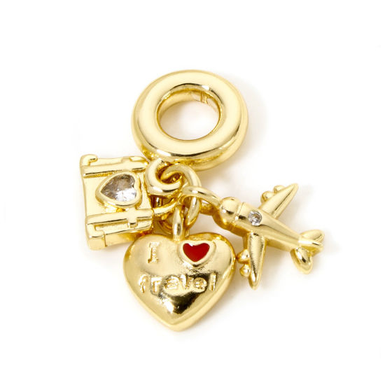 Image de 1 Pièce Perles de Charme Pendantes pour la Fabrication de Bijoux de Bracelet et de Collier Voyage en Laiton Avion Plaqué Or Véritable 18K Cœur Émail à Strass Transparent 26mm